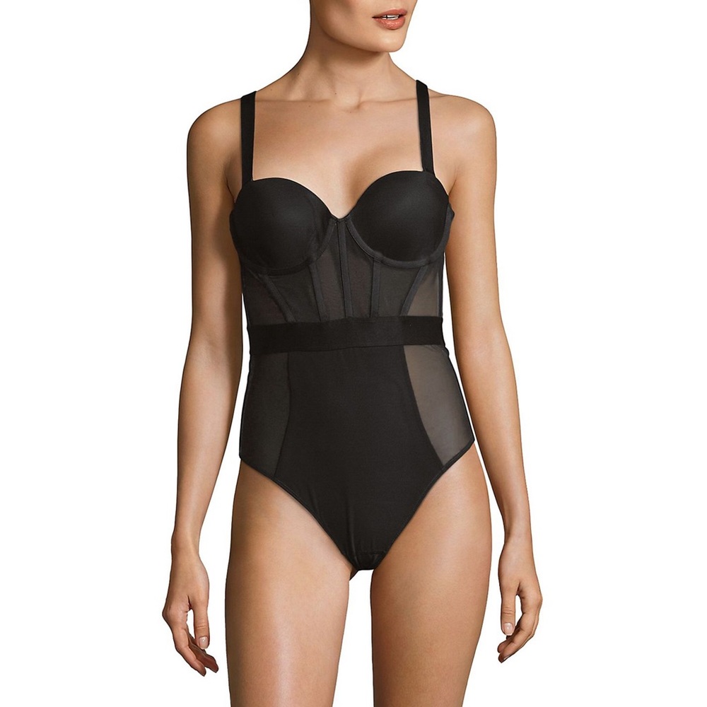 DKNY Sheer Cupped Bodysuit 34D Strapless Black